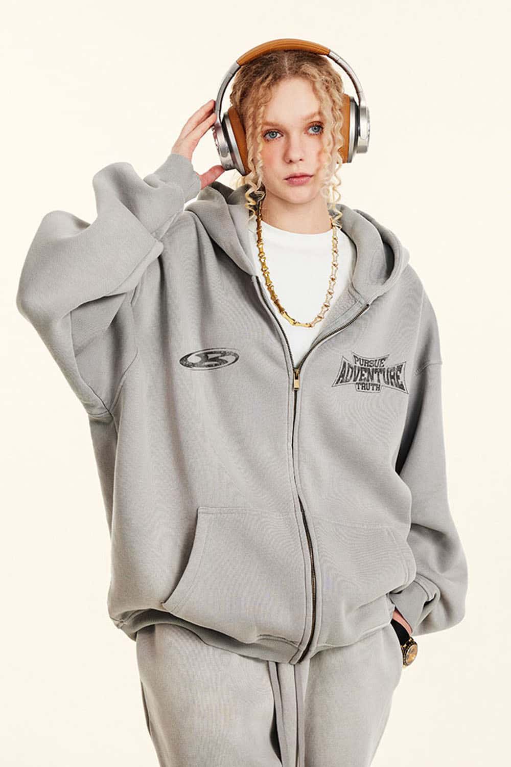 Vintage Loose Fit Washed Fleece-Lined Zip-Up Hoodie Jacket