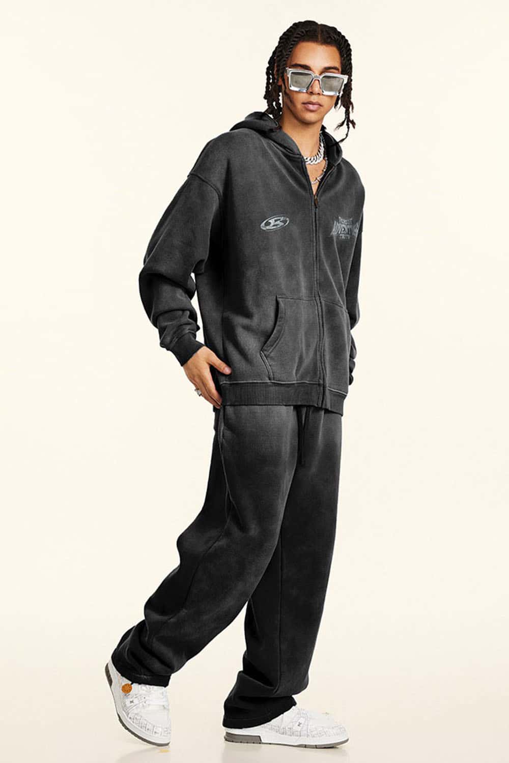 Vintage Loose Fit Washed Fleece-Lined Zip-Up Hoodie Jacket