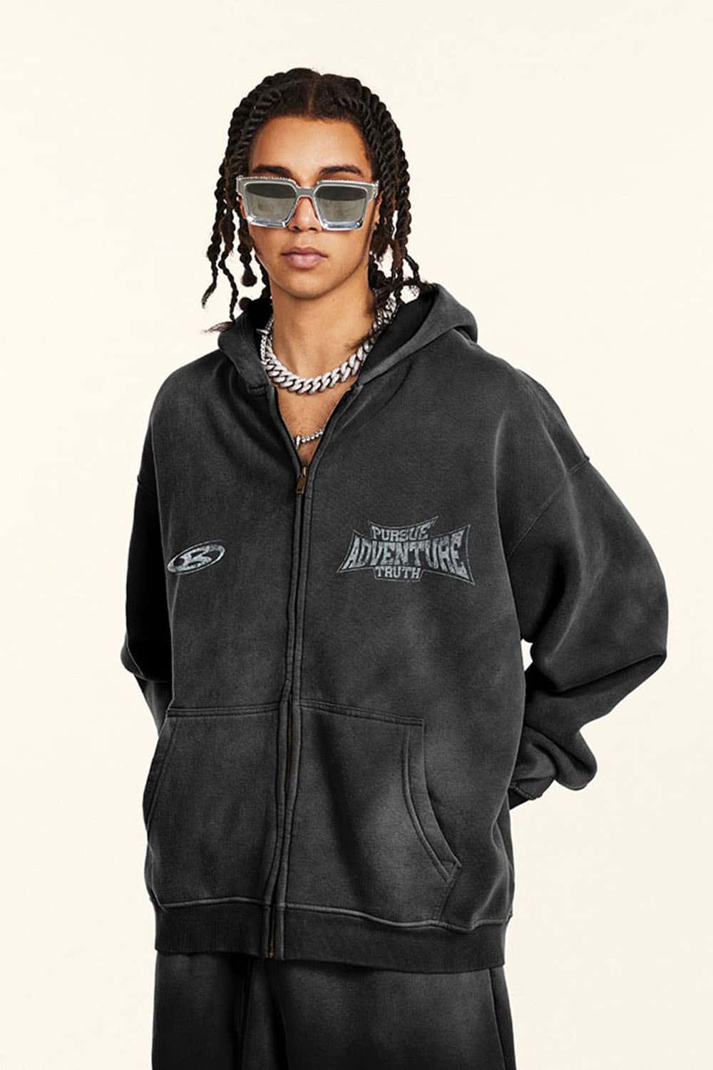 Vintage Loose Fit Washed Fleece-Lined Zip-Up Hoodie Jacket