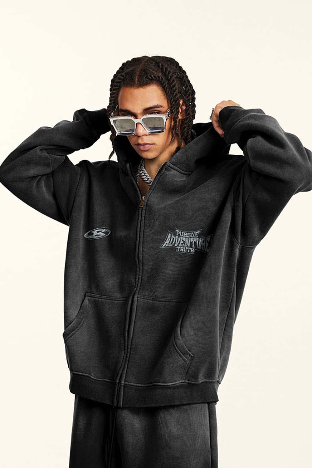 Vintage Loose Fit Washed Fleece-Lined Zip-Up Hoodie Jacket