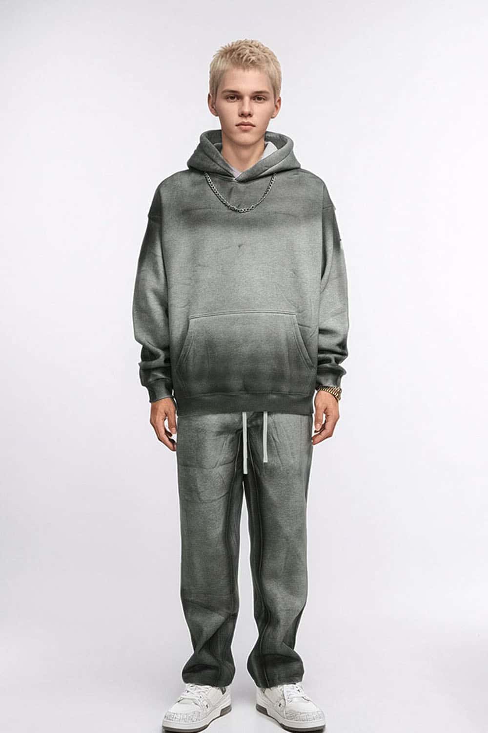 Street Style Washed Spray-Dye Distressed Fleece Hoodie