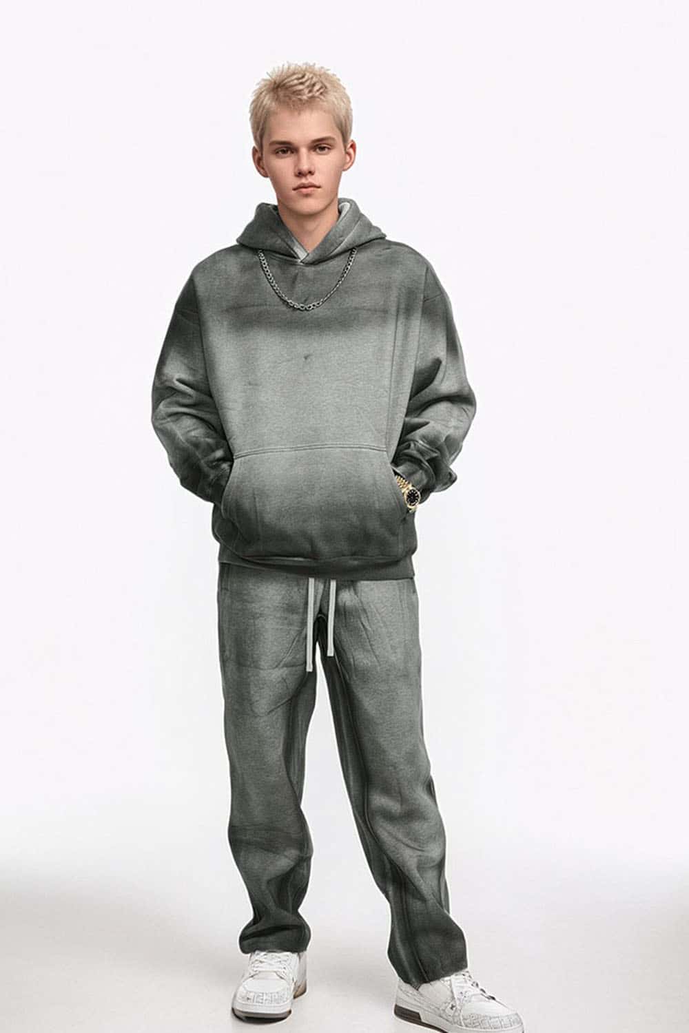 Street Style Washed Spray-Dye Distressed Fleece Hoodie