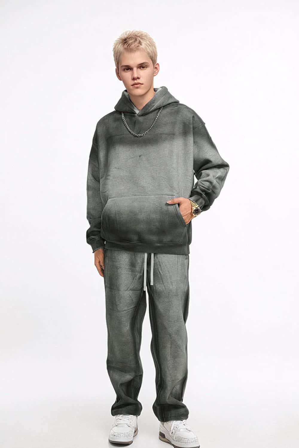 Street Style Washed Spray-Dye Distressed Fleece Hoodie
