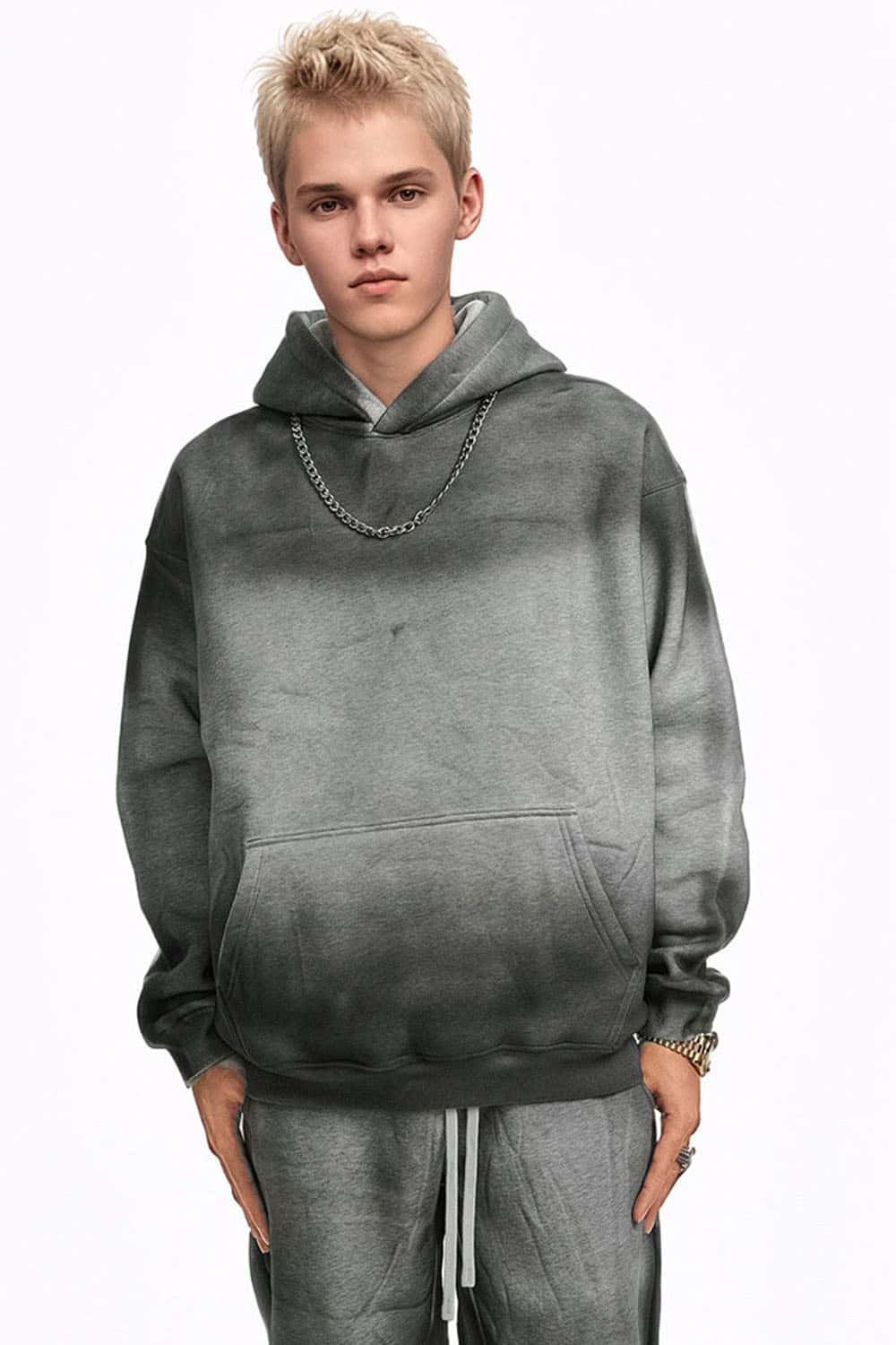 Street Style Washed Spray-Dye Distressed Fleece Hoodie