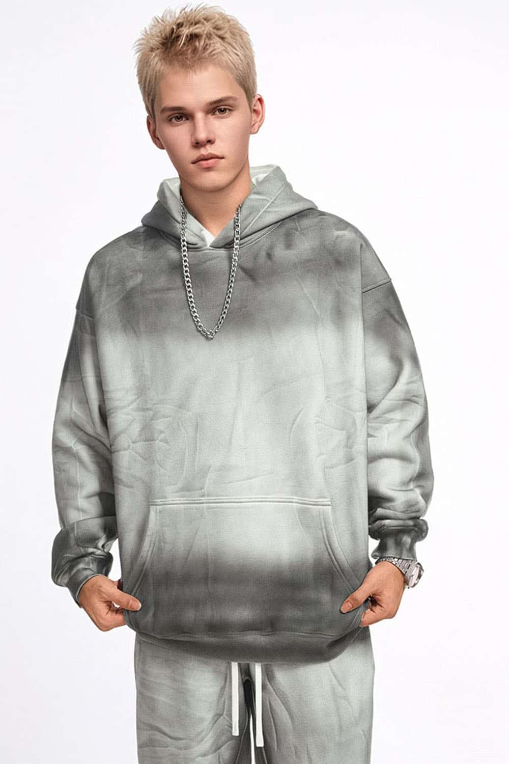 Street Style Washed Spray-Dye Distressed Fleece Hoodie