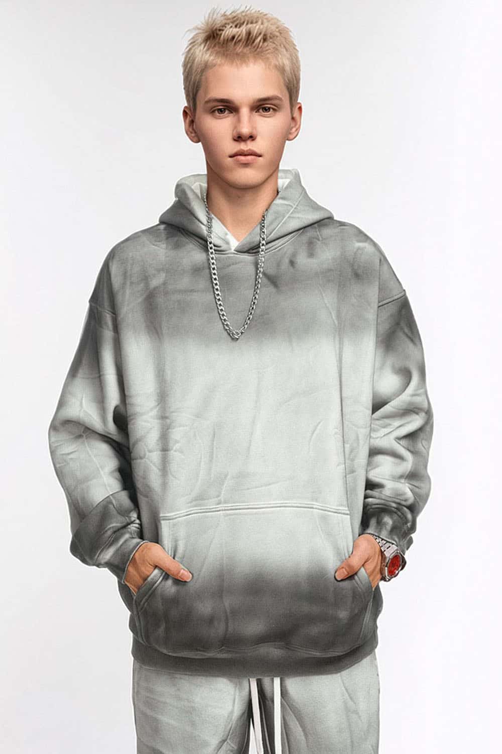 Street Style Washed Spray-Dye Distressed Fleece Hoodie