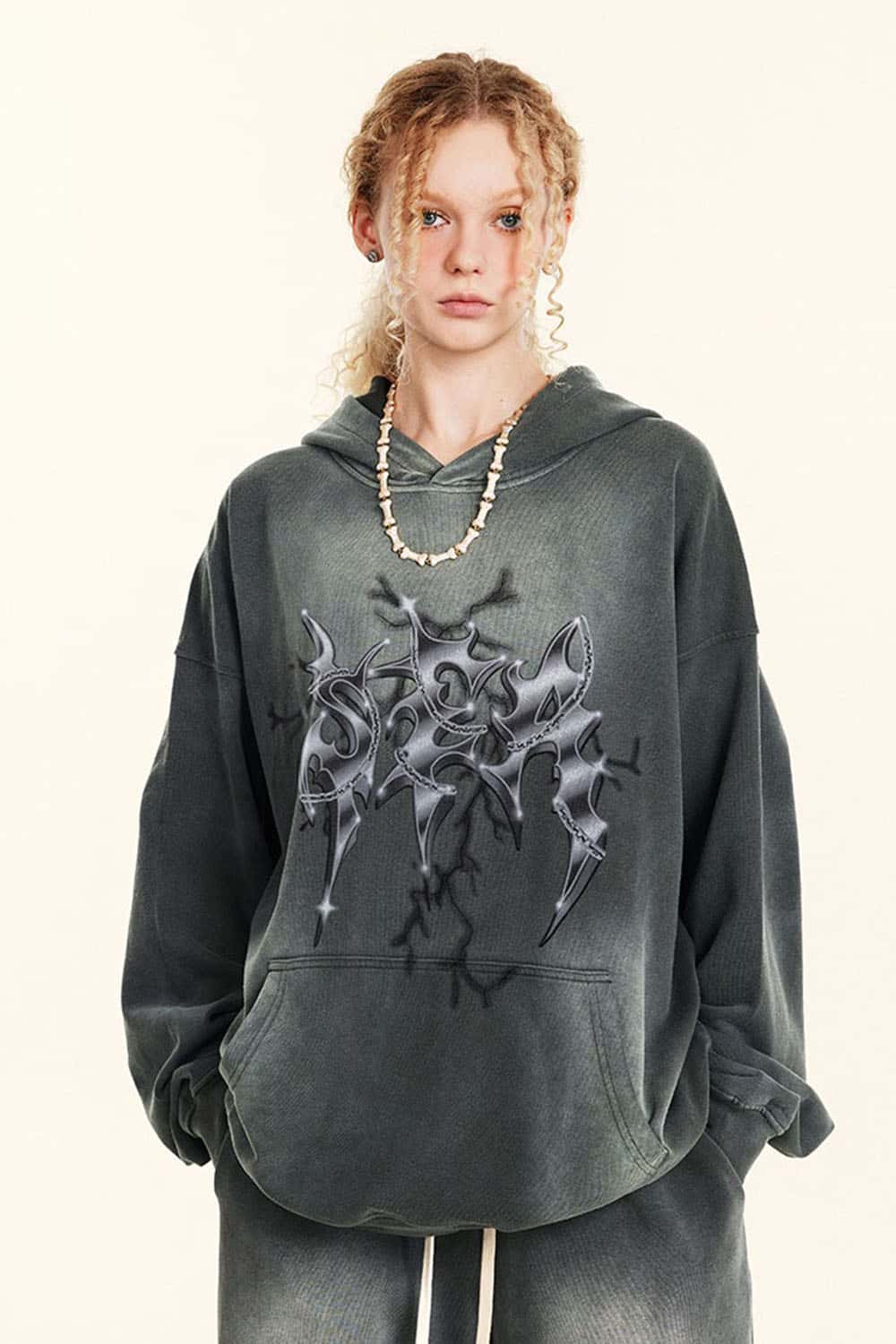 Vintage Metal Rock Distressed Washed Loose Hoodie