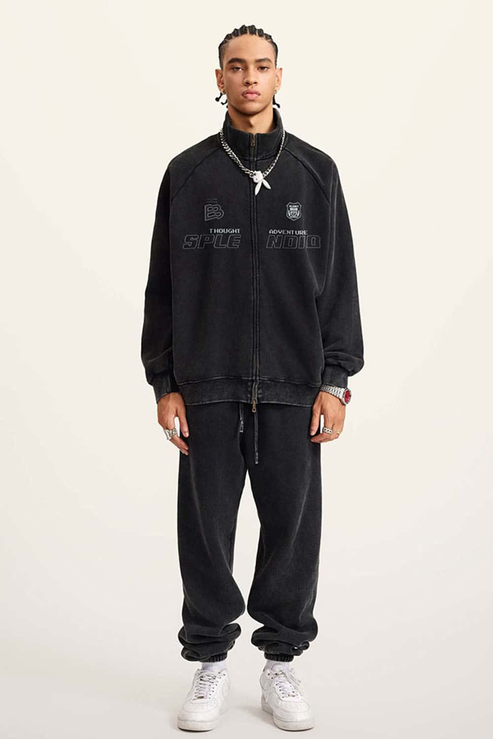 High Street Heavyweight Washed Zip-Up Fleece Hoodie with Collar