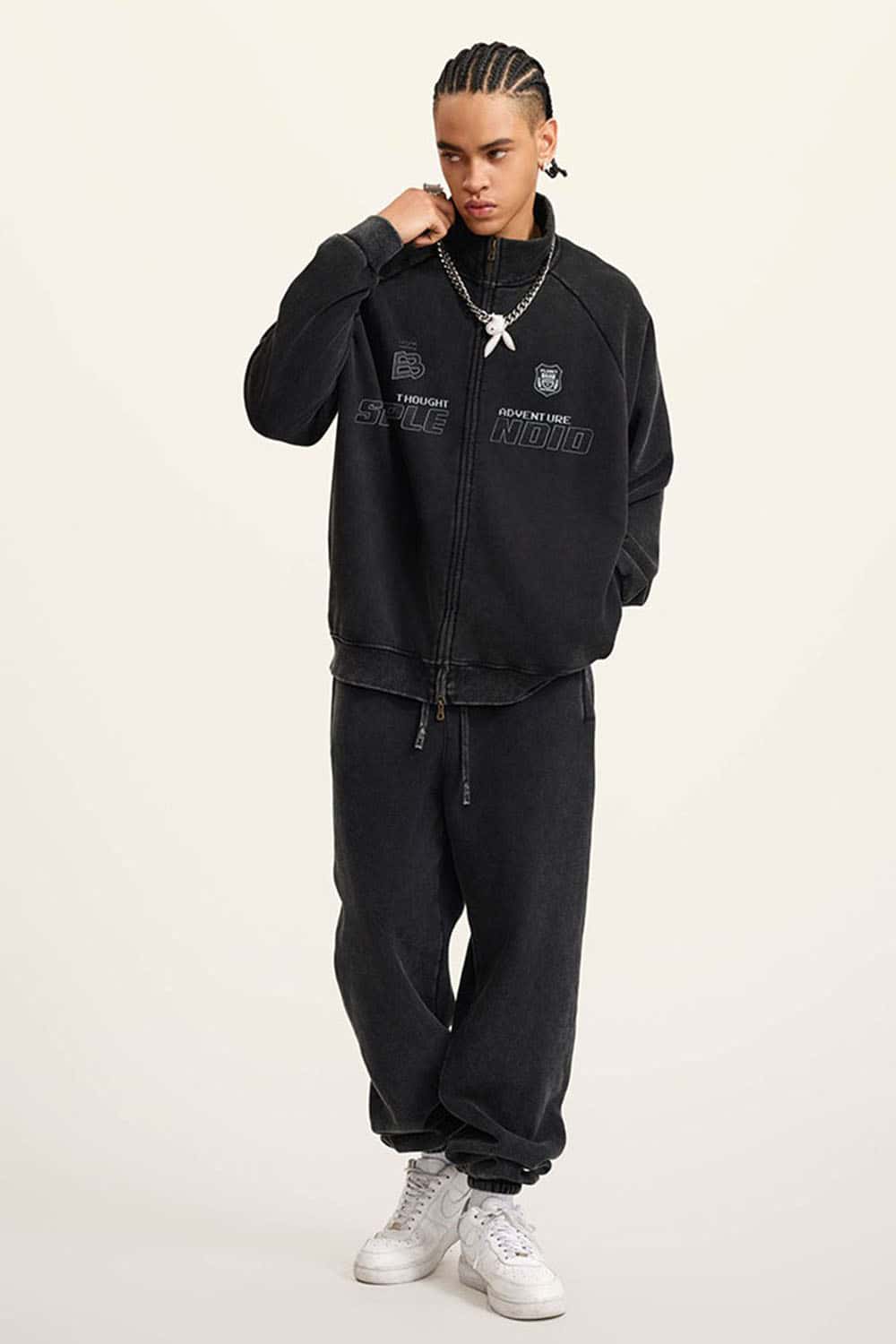 High Street Heavyweight Washed Zip-Up Fleece Hoodie with Collar