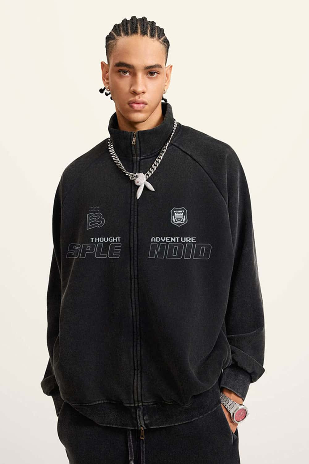 High Street Heavyweight Washed Zip-Up Fleece Hoodie with Collar