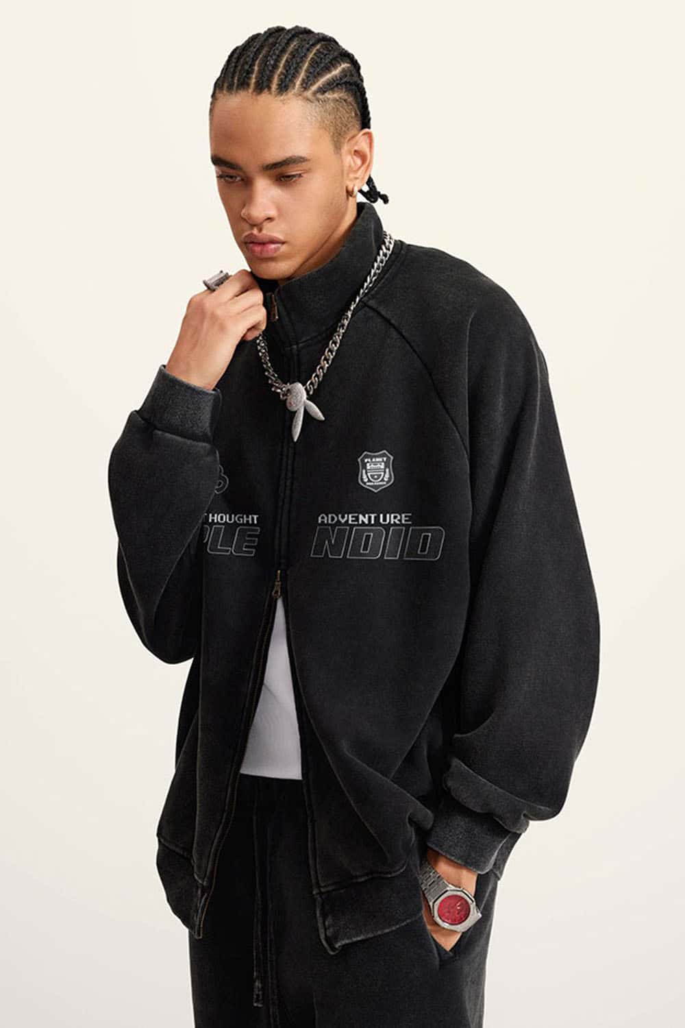 High Street Heavyweight Washed Zip-Up Fleece Hoodie with Collar