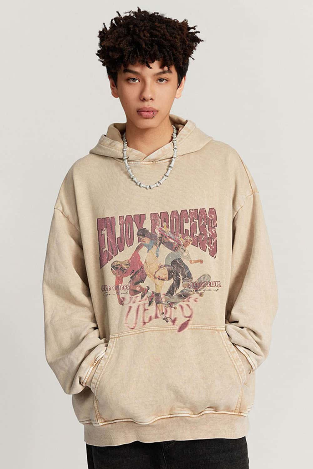 Loose Cotton Skateboard Hoodie with Water Wash Finish