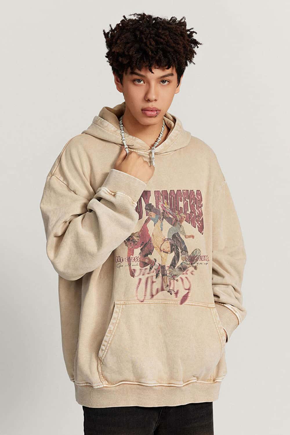 Loose Cotton Skateboard Hoodie with Water Wash Finish