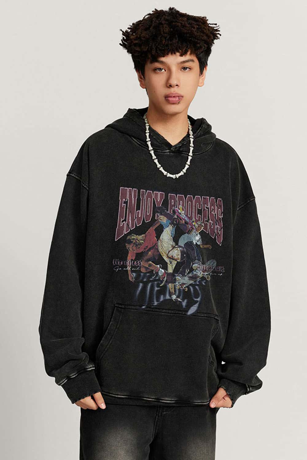 Loose Cotton Skateboard Hoodie with Water Wash Finish