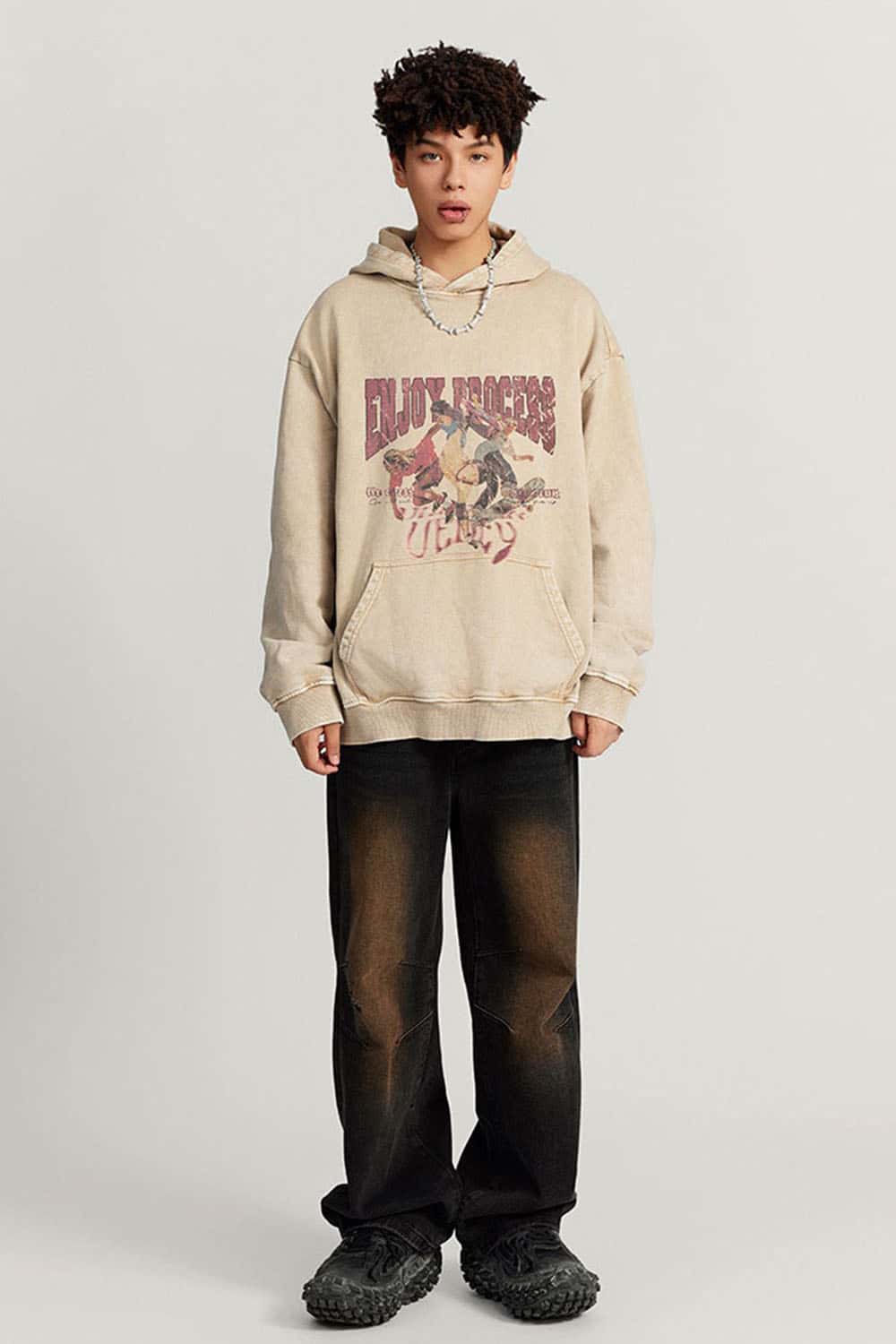 Loose Cotton Skateboard Hoodie with Water Wash Finish