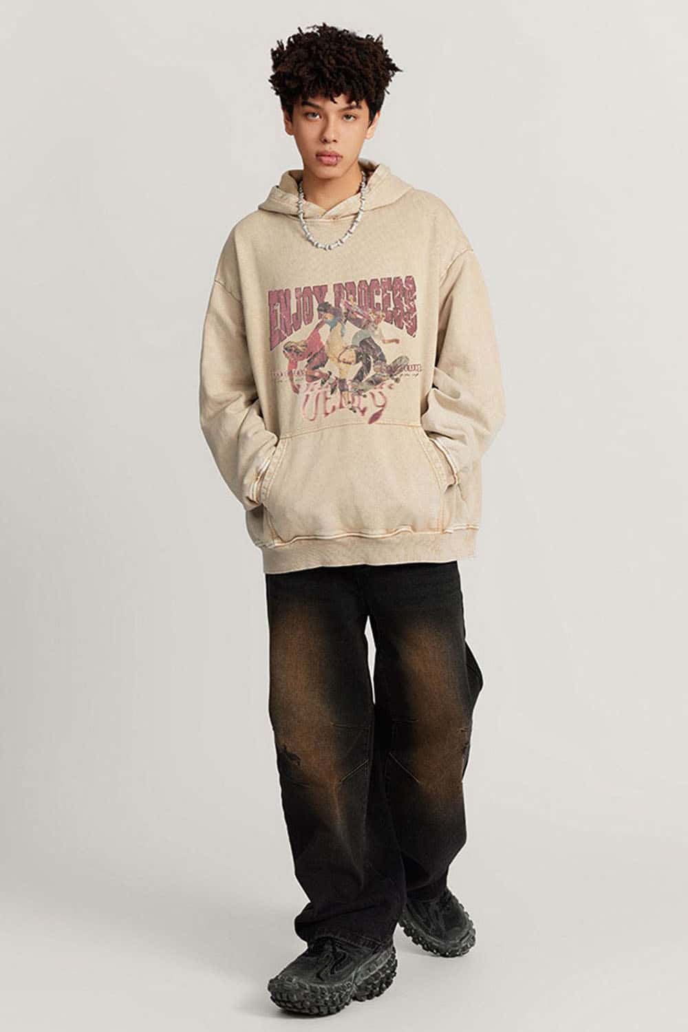 Loose Cotton Skateboard Hoodie with Water Wash Finish