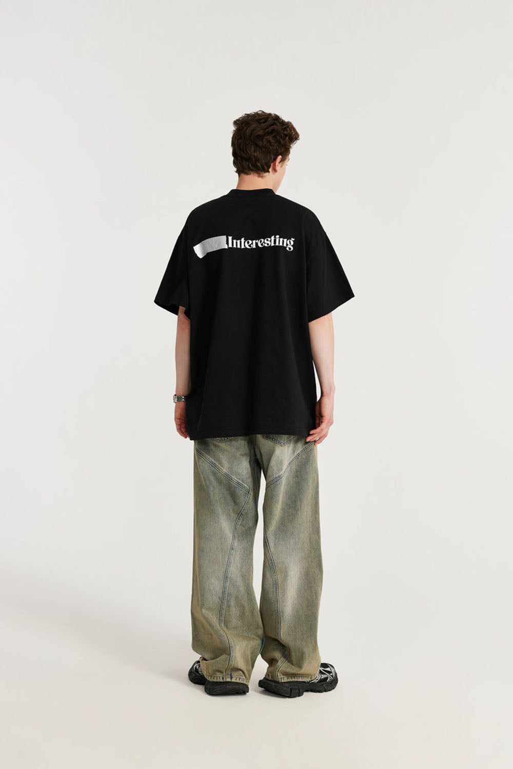 Mock Neck Tape-Inspired Silicone Letter Print Loose Short Sleeve T-Shirt