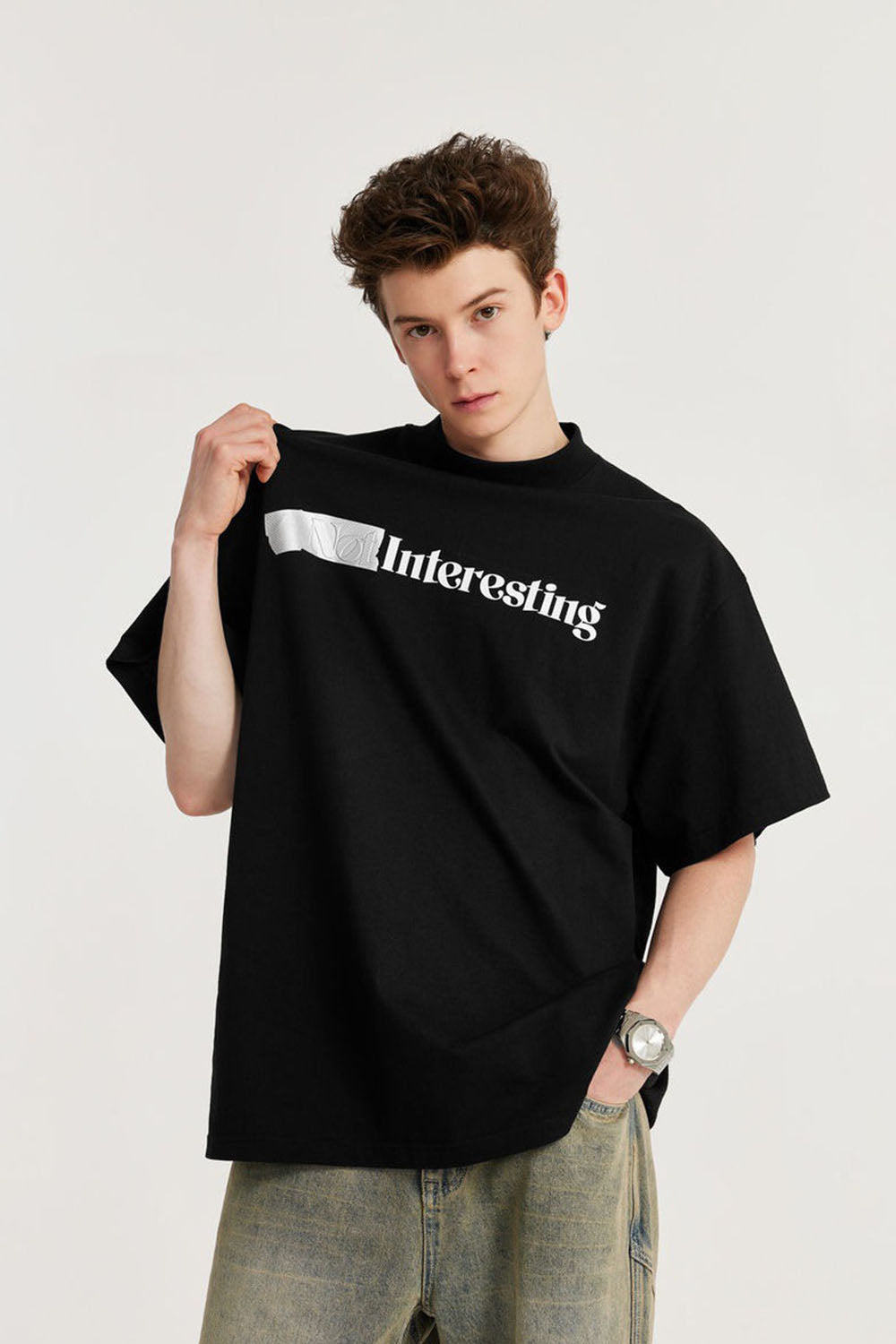 Mock Neck Tape-Inspired Silicone Letter Print Loose Short Sleeve T-Shirt
