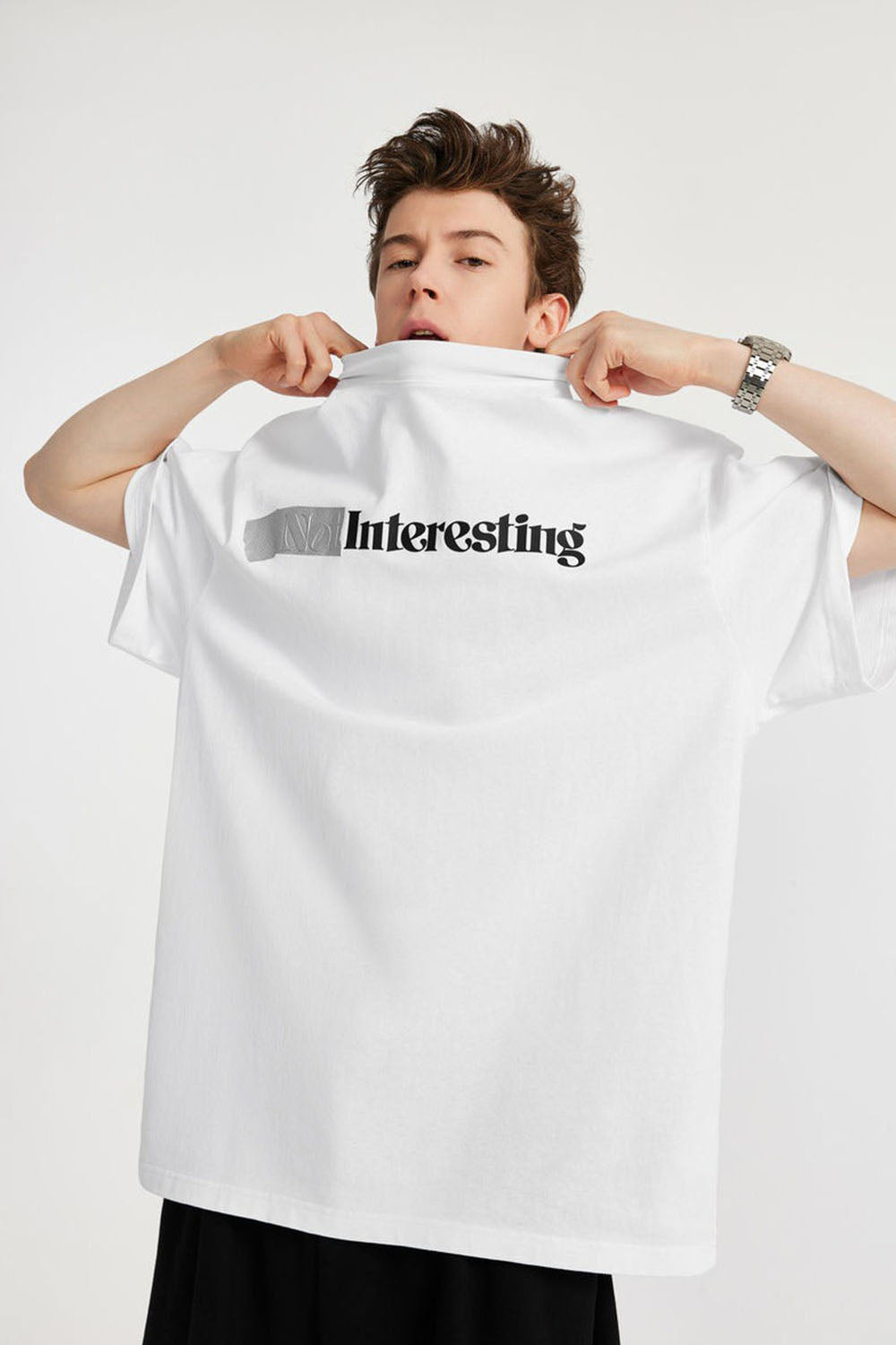 Mock Neck Tape-Inspired Silicone Letter Print Loose Short Sleeve T-Shirt