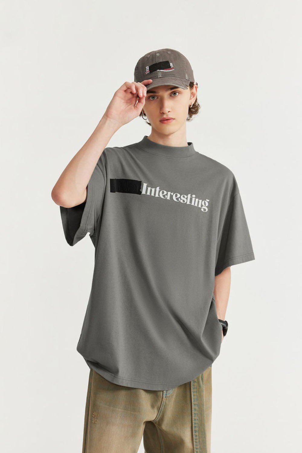 Mock Neck Tape-Inspired Silicone Letter Print Loose Short Sleeve T-Shirt