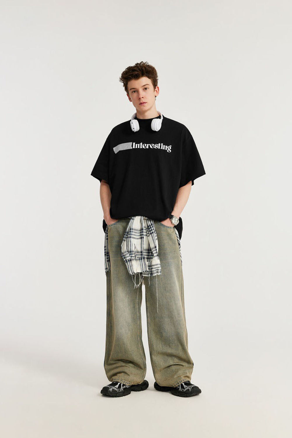 Mock Neck Tape-Inspired Silicone Letter Print Loose Short Sleeve T-Shirt