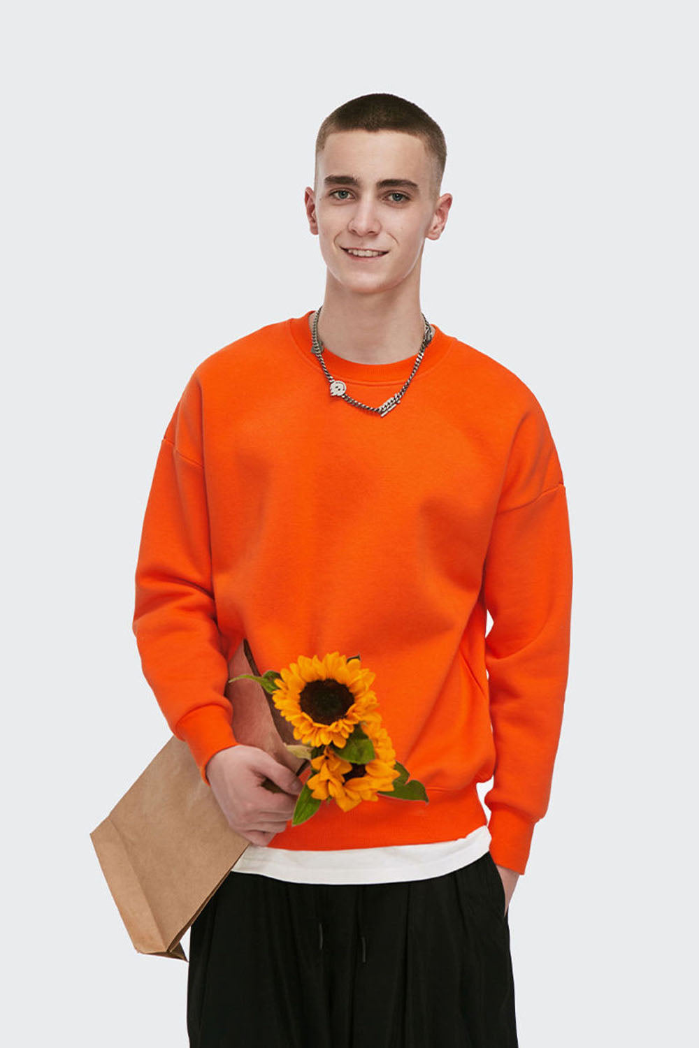 350G Fleece-Lined Solid Color Crew Neck Sweatshirt