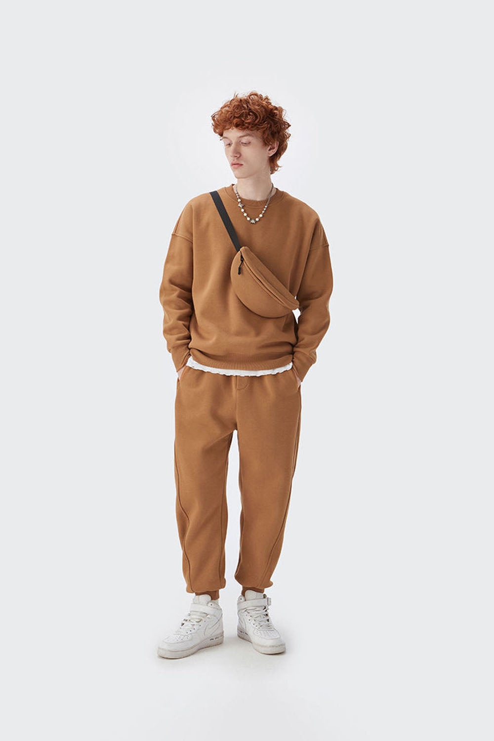 350G Fleece-Lined Solid Color Crew Neck Sweatshirt