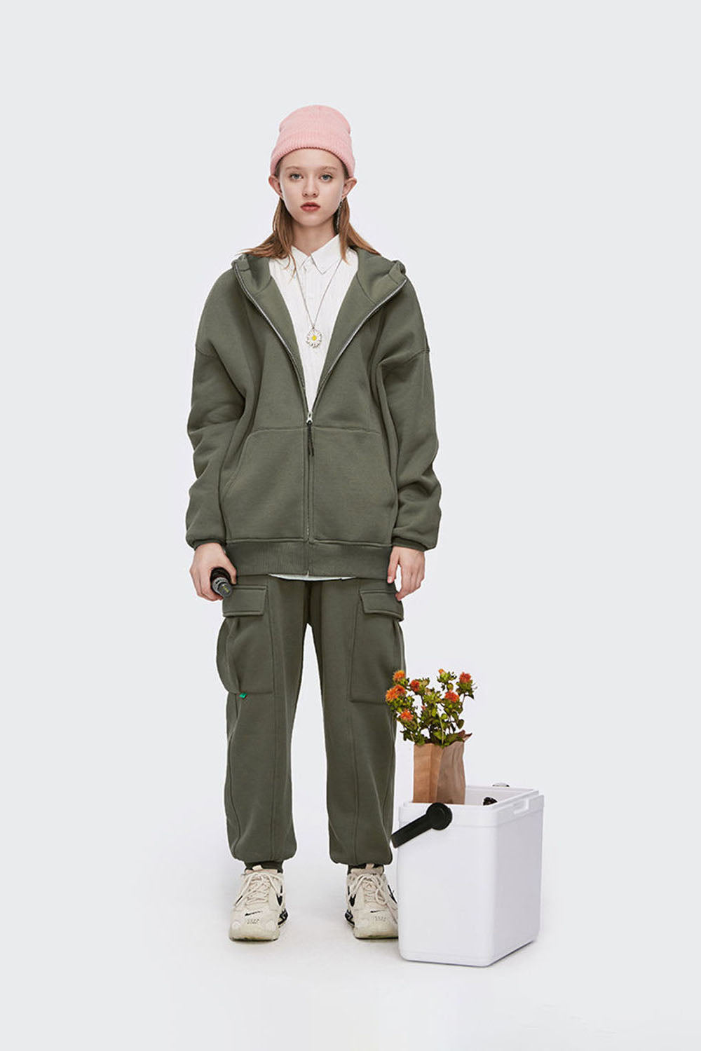 Men's 350G Fleece-Lined High Zip Hoodie in Solid Color