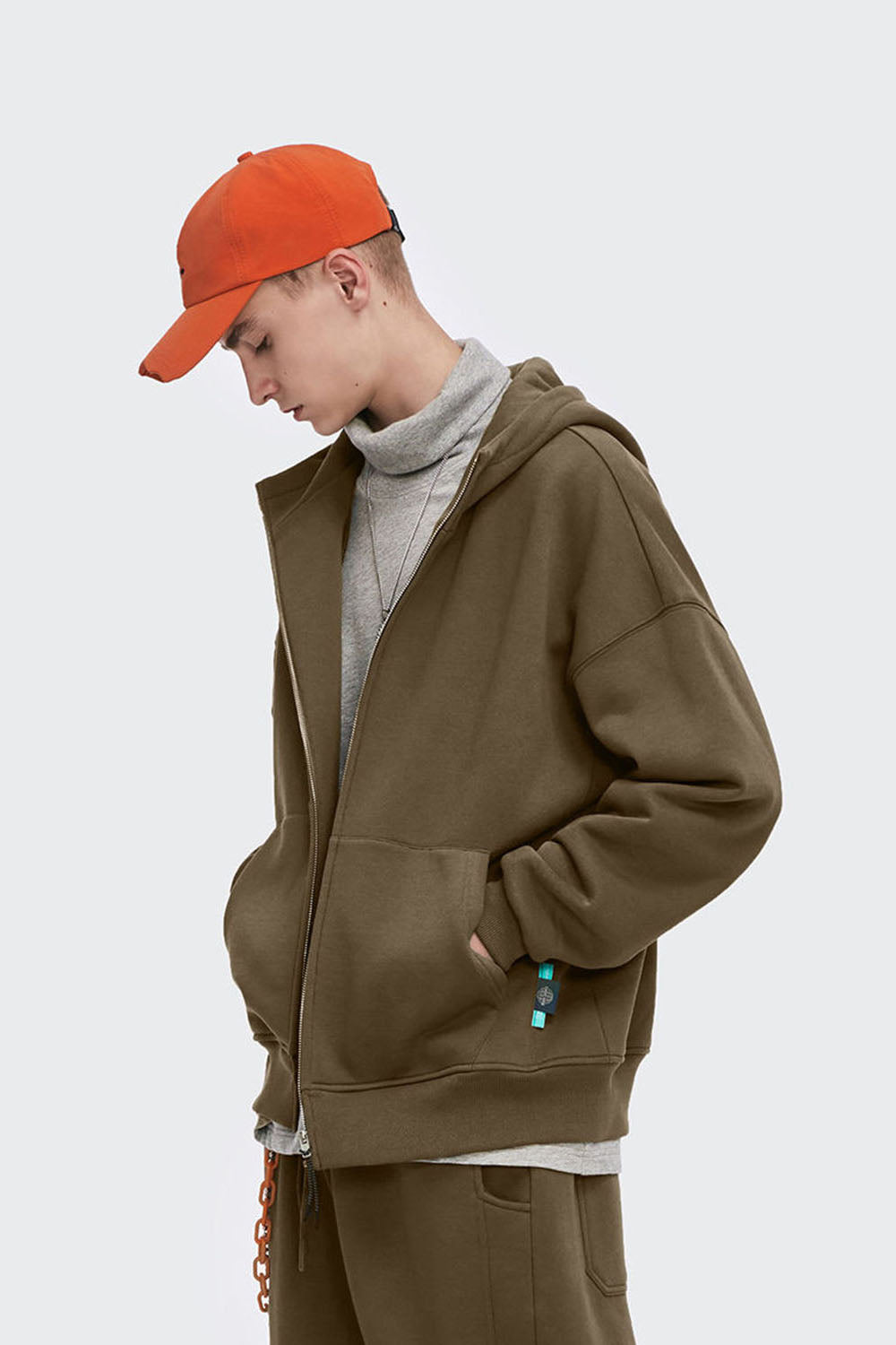 Men's 350G Fleece-Lined High Zip Hoodie in Solid Color