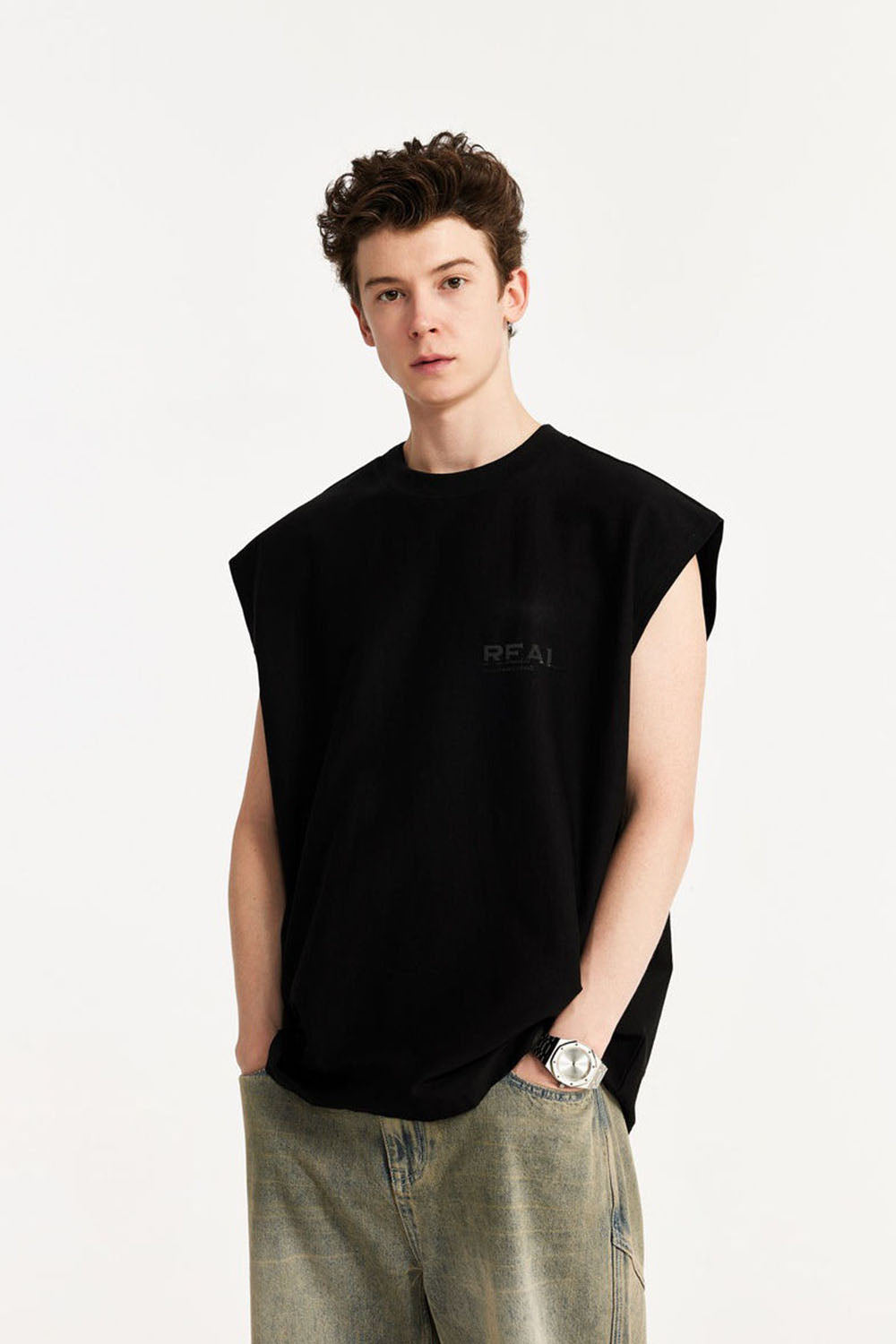 Men's 260g Textured Velvet Sleeveless Tank Top with Drop Shoulder Design