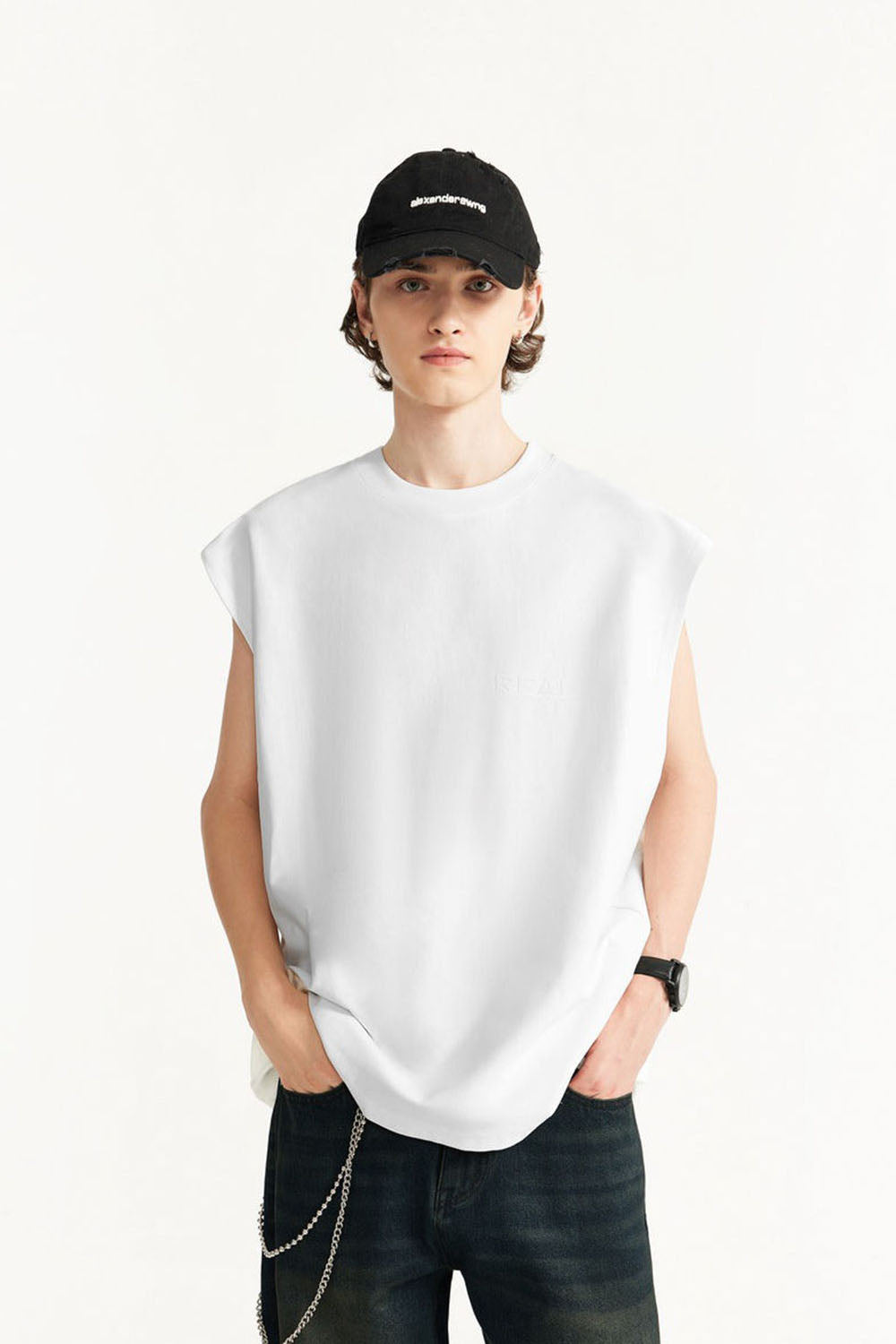 Men's 260g Textured Velvet Sleeveless Tank Top with Drop Shoulder Design