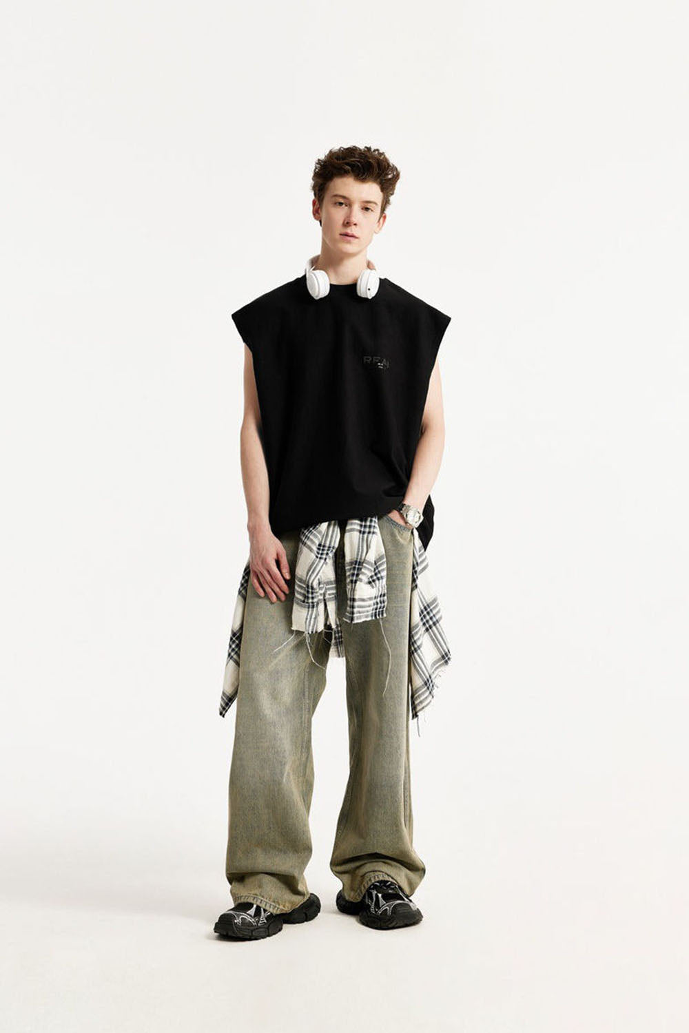 Men's 260g Textured Velvet Sleeveless Tank Top with Drop Shoulder Design