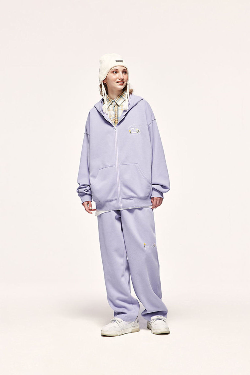 320g Brushed Embroidered Wide-Leg Pants with Rainbow Drawstring