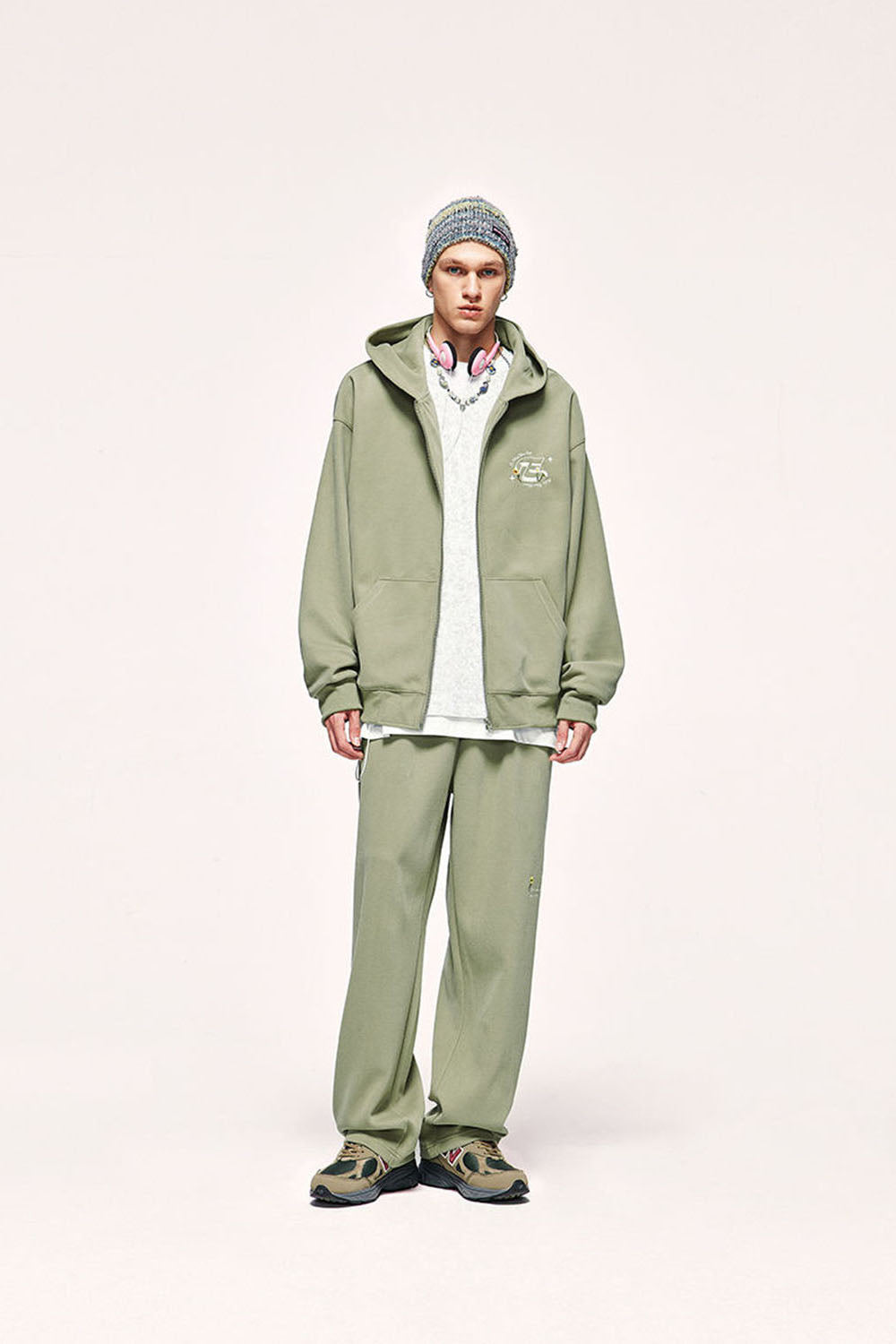 320g Brushed Embroidered Wide-Leg Pants with Rainbow Drawstring