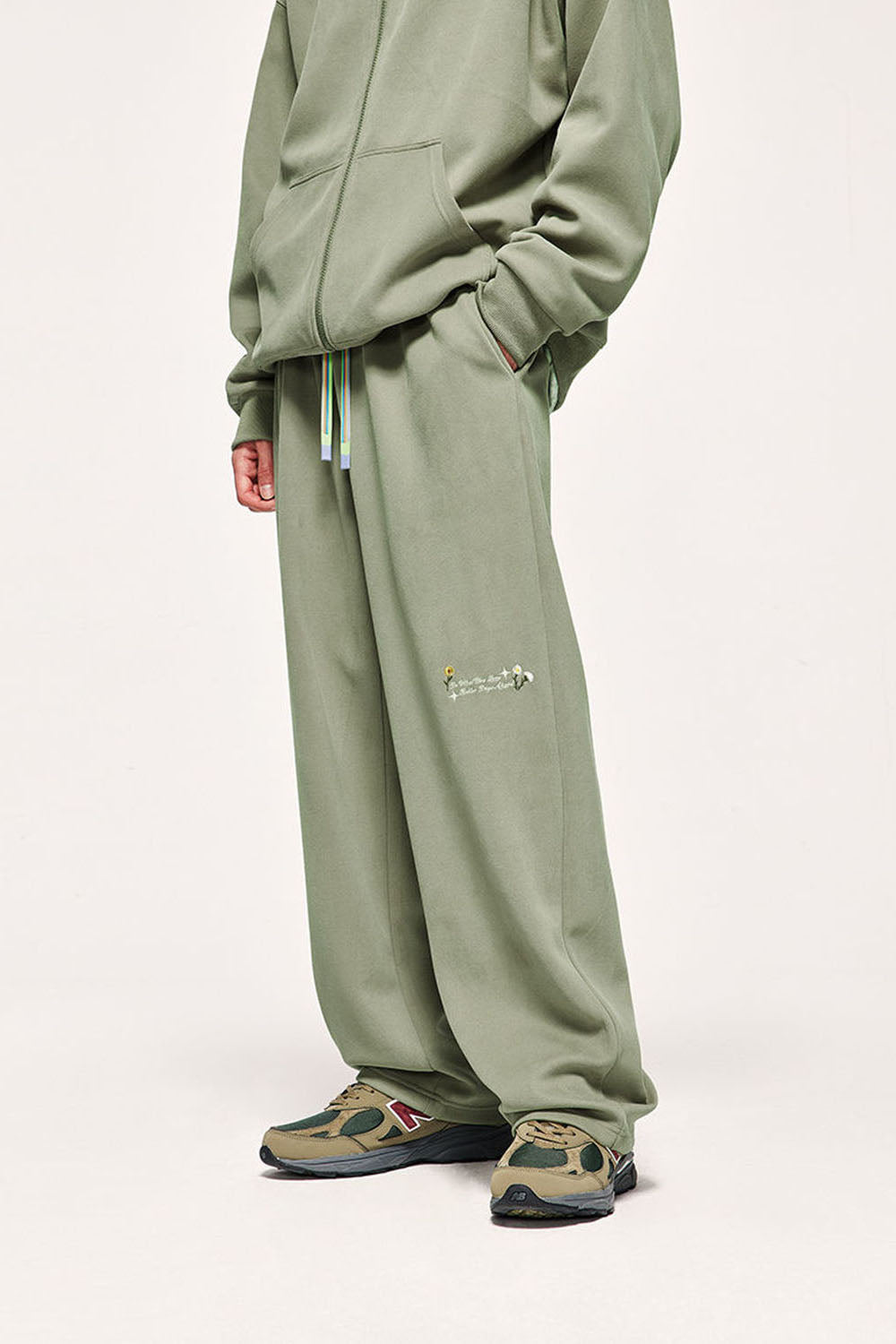 320g Brushed Embroidered Wide-Leg Pants with Rainbow Drawstring