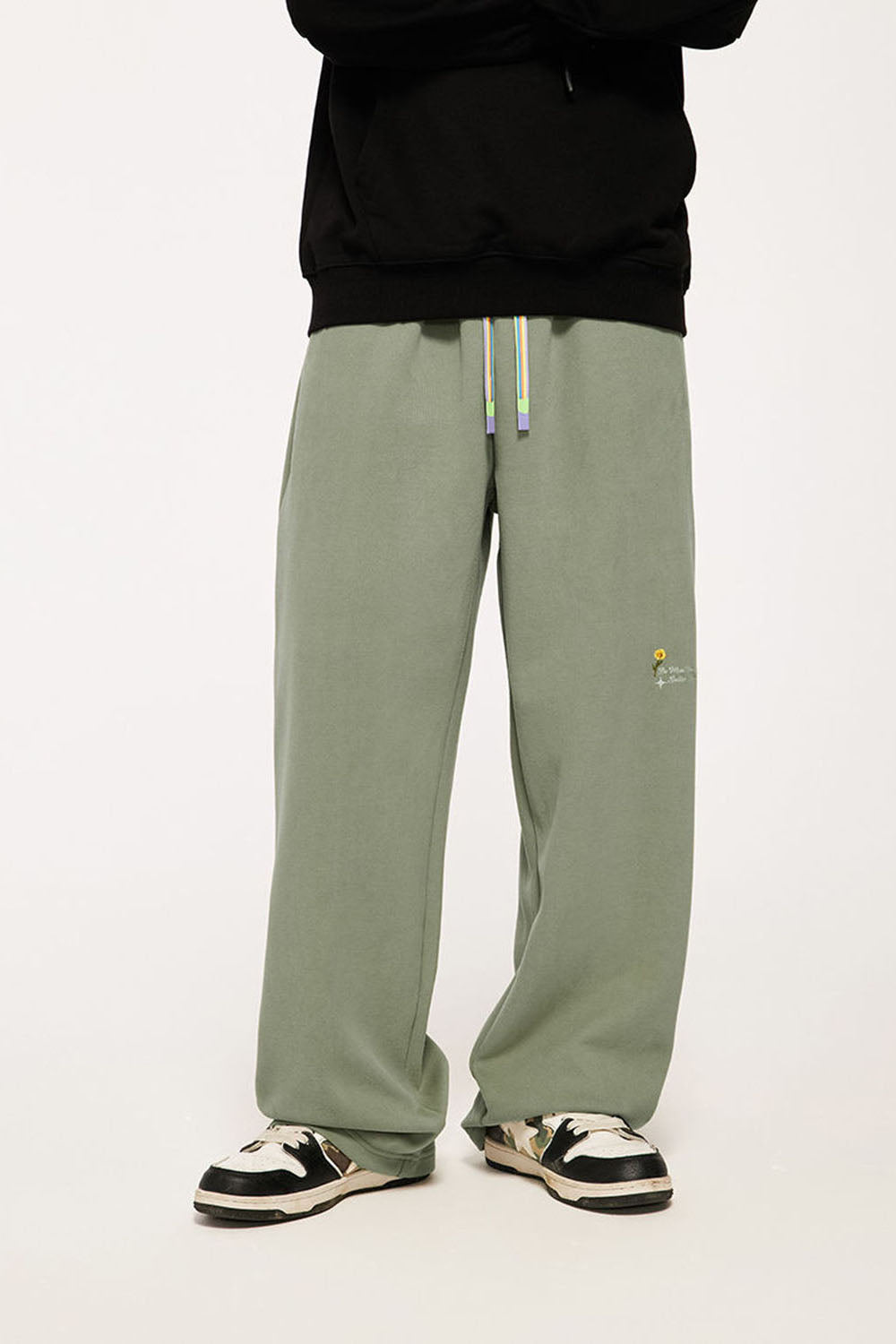 320g Brushed Embroidered Wide-Leg Pants with Rainbow Drawstring