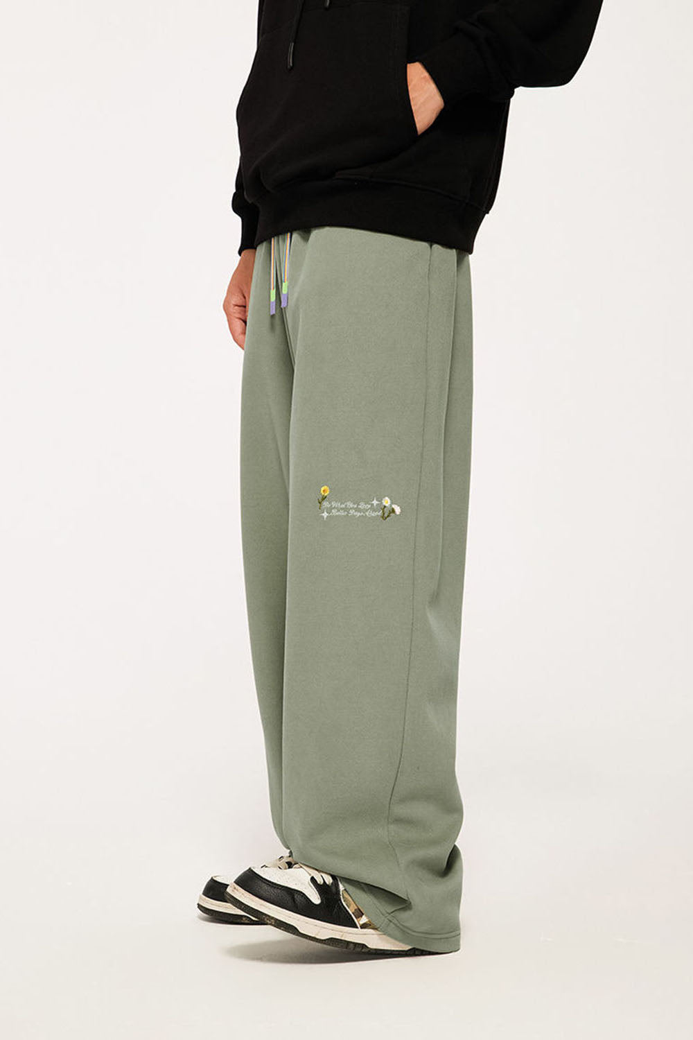 320g Brushed Embroidered Wide-Leg Pants with Rainbow Drawstring