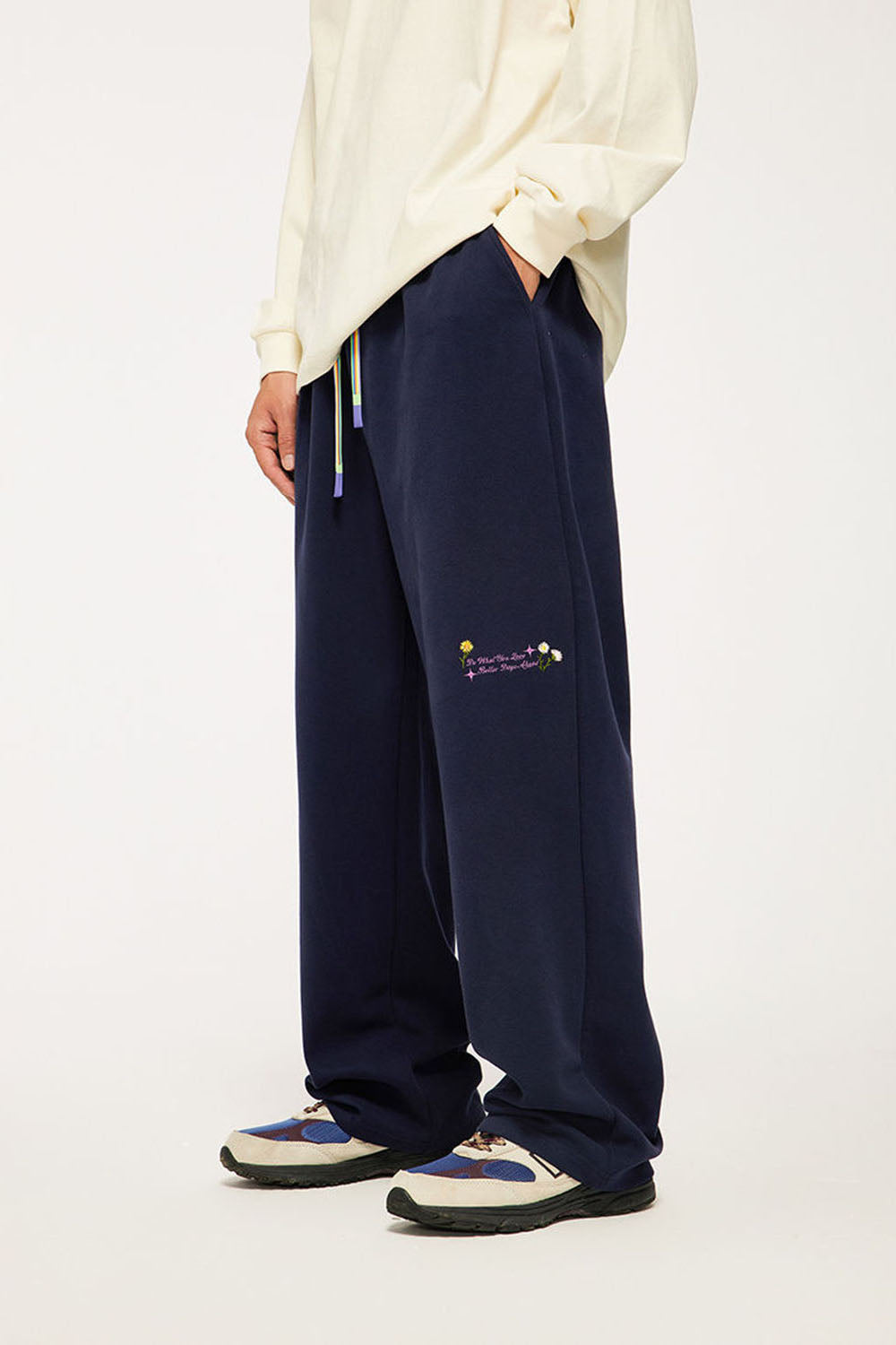 320g Brushed Embroidered Wide-Leg Pants with Rainbow Drawstring