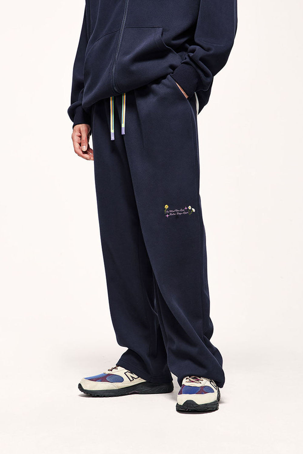 320g Brushed Embroidered Wide-Leg Pants with Rainbow Drawstring