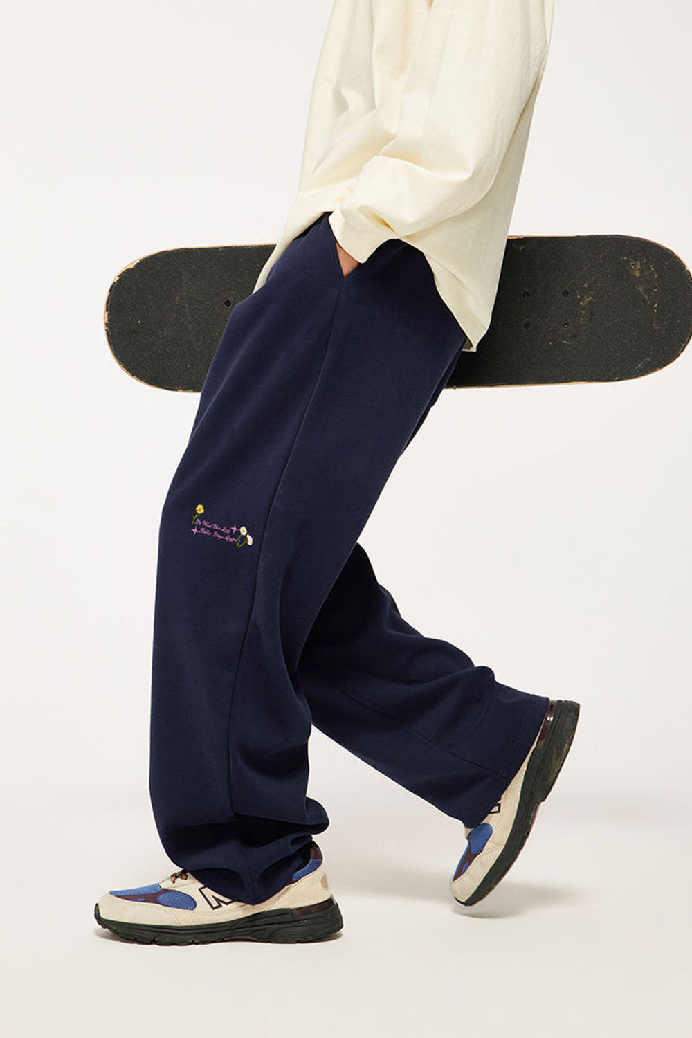 320g Brushed Embroidered Wide-Leg Pants with Rainbow Drawstring