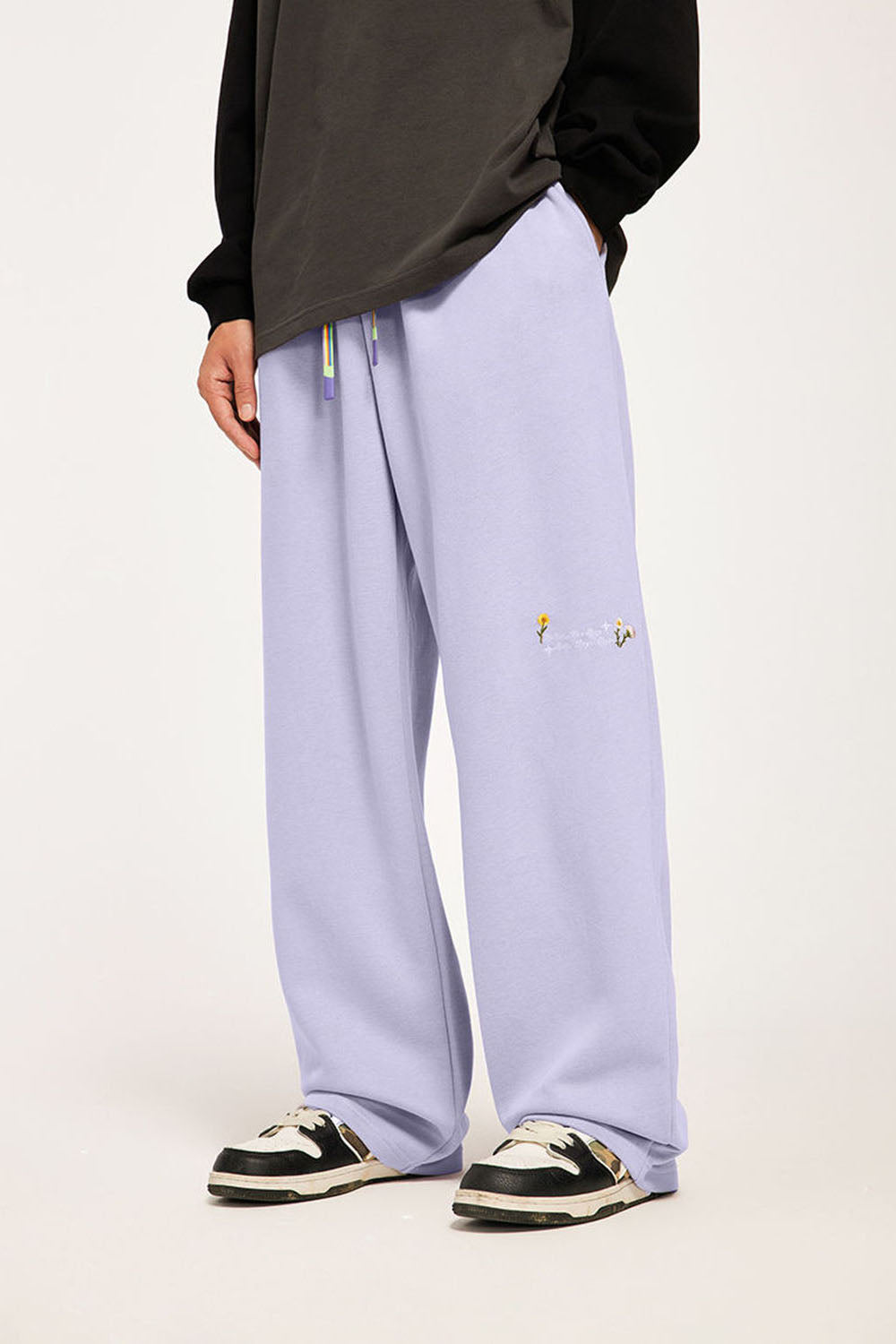 320g Brushed Embroidered Wide-Leg Pants with Rainbow Drawstring