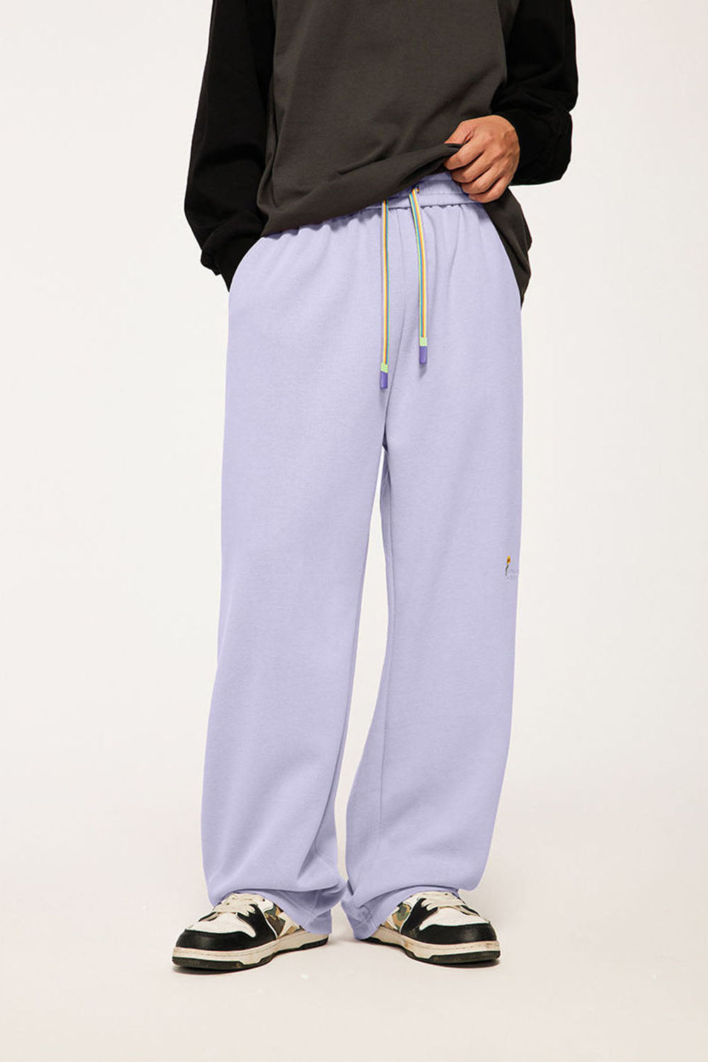 320g Brushed Embroidered Wide-Leg Pants with Rainbow Drawstring