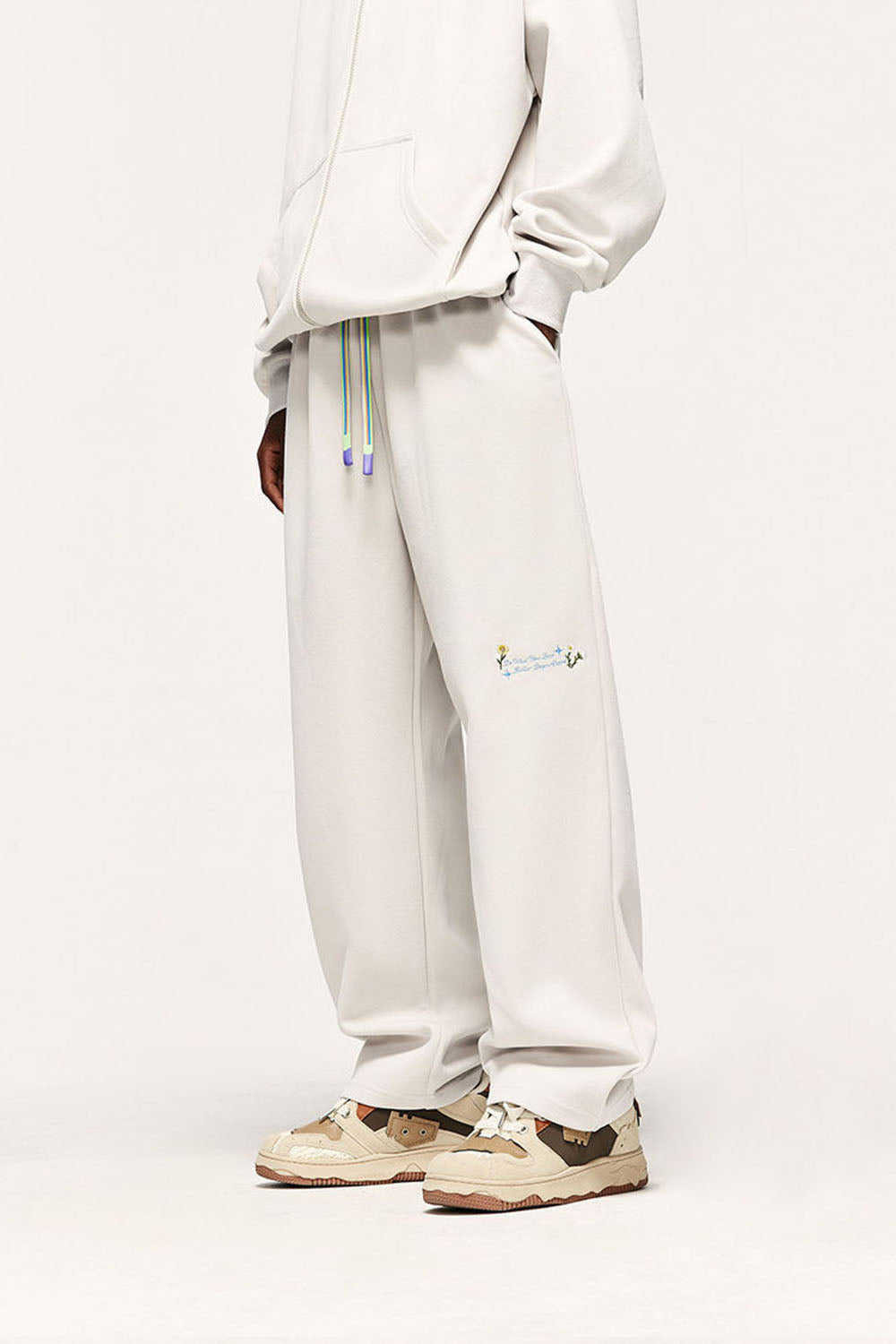 320g Brushed Embroidered Wide-Leg Pants with Rainbow Drawstring