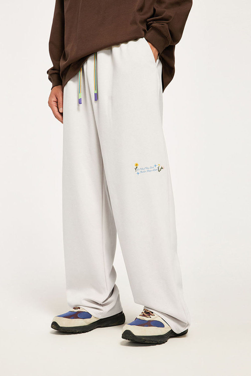 320g Brushed Embroidered Wide-Leg Pants with Rainbow Drawstring