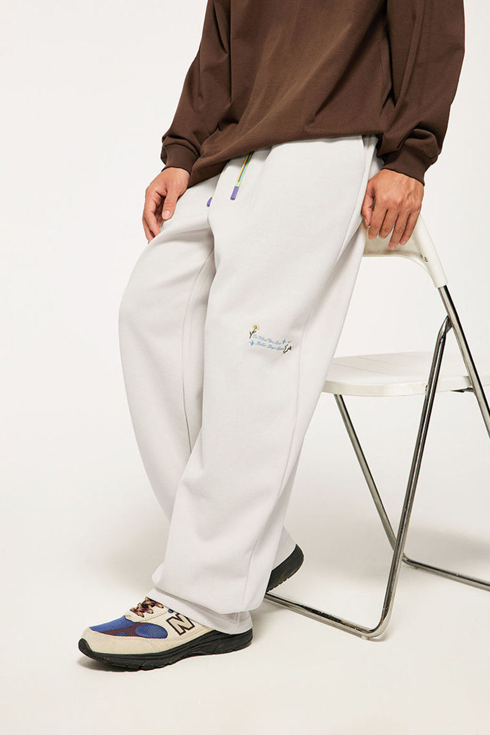 320g Brushed Embroidered Wide-Leg Pants with Rainbow Drawstring