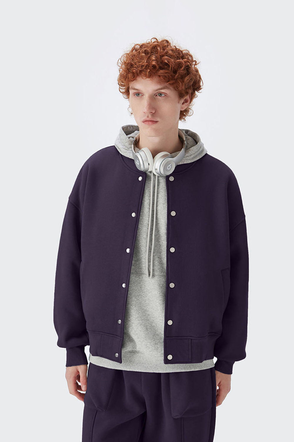 Men's 350g Heavy Fleece Ribbed Solid Color Baseball Jacket