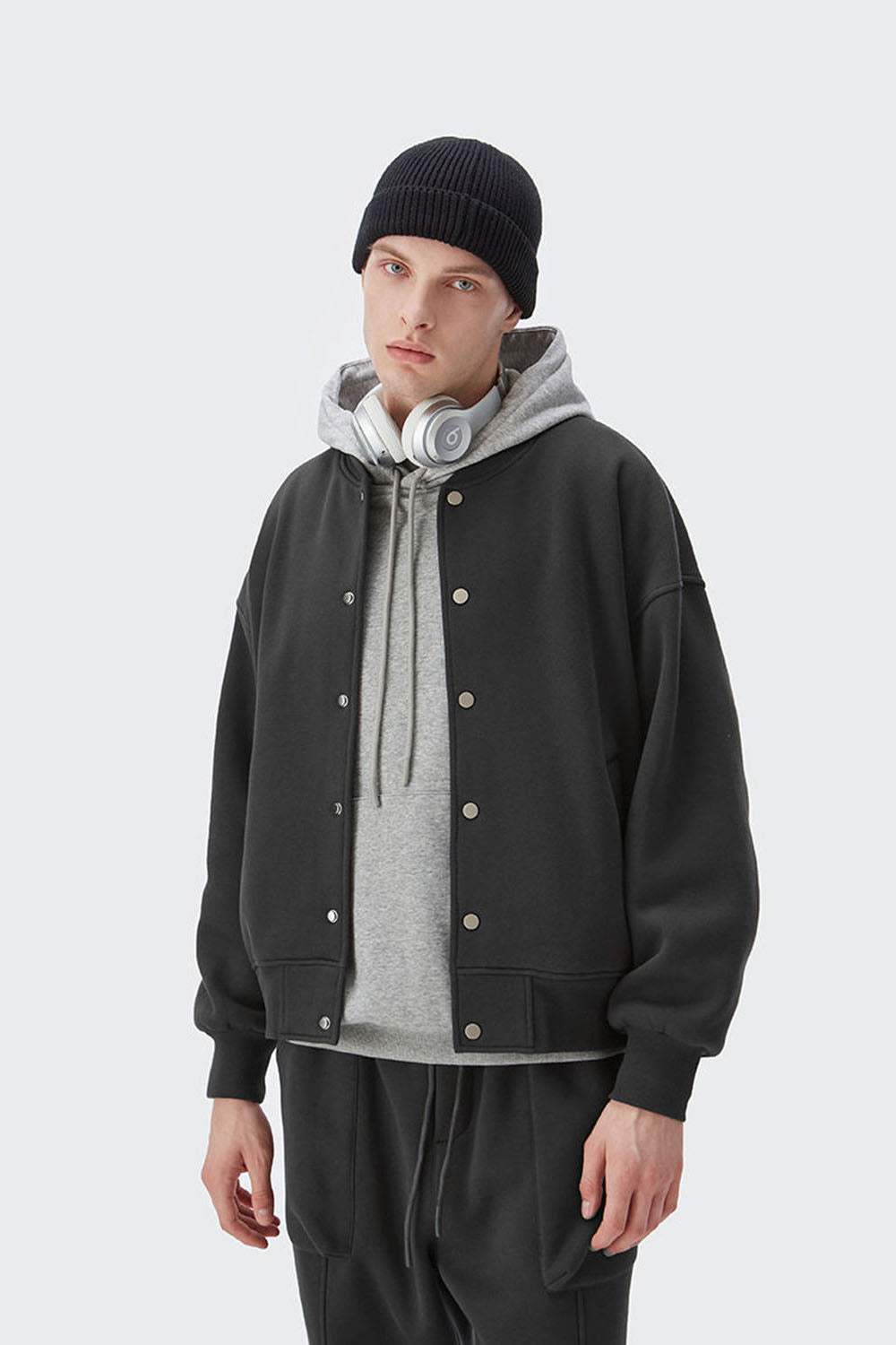 Men's 350g Heavy Fleece Ribbed Solid Color Baseball Jacket