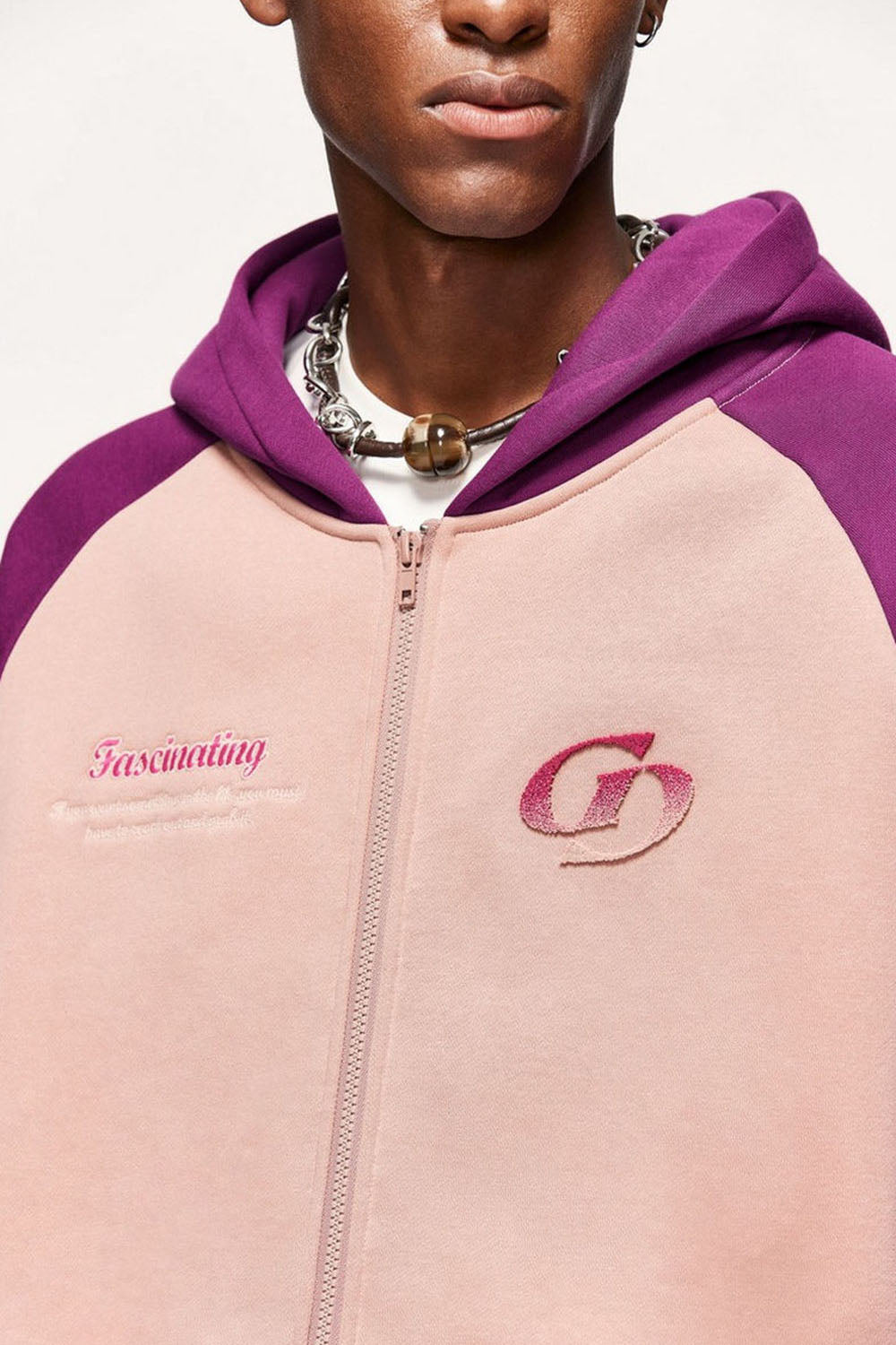 Embroidered Color-Block Drop Shoulder Hooded Zip-Up Sweatshirt Jacket