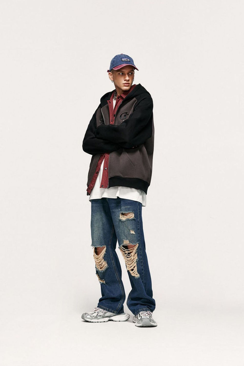 Embroidered Color-Block Drop Shoulder Hooded Zip-Up Sweatshirt Jacket