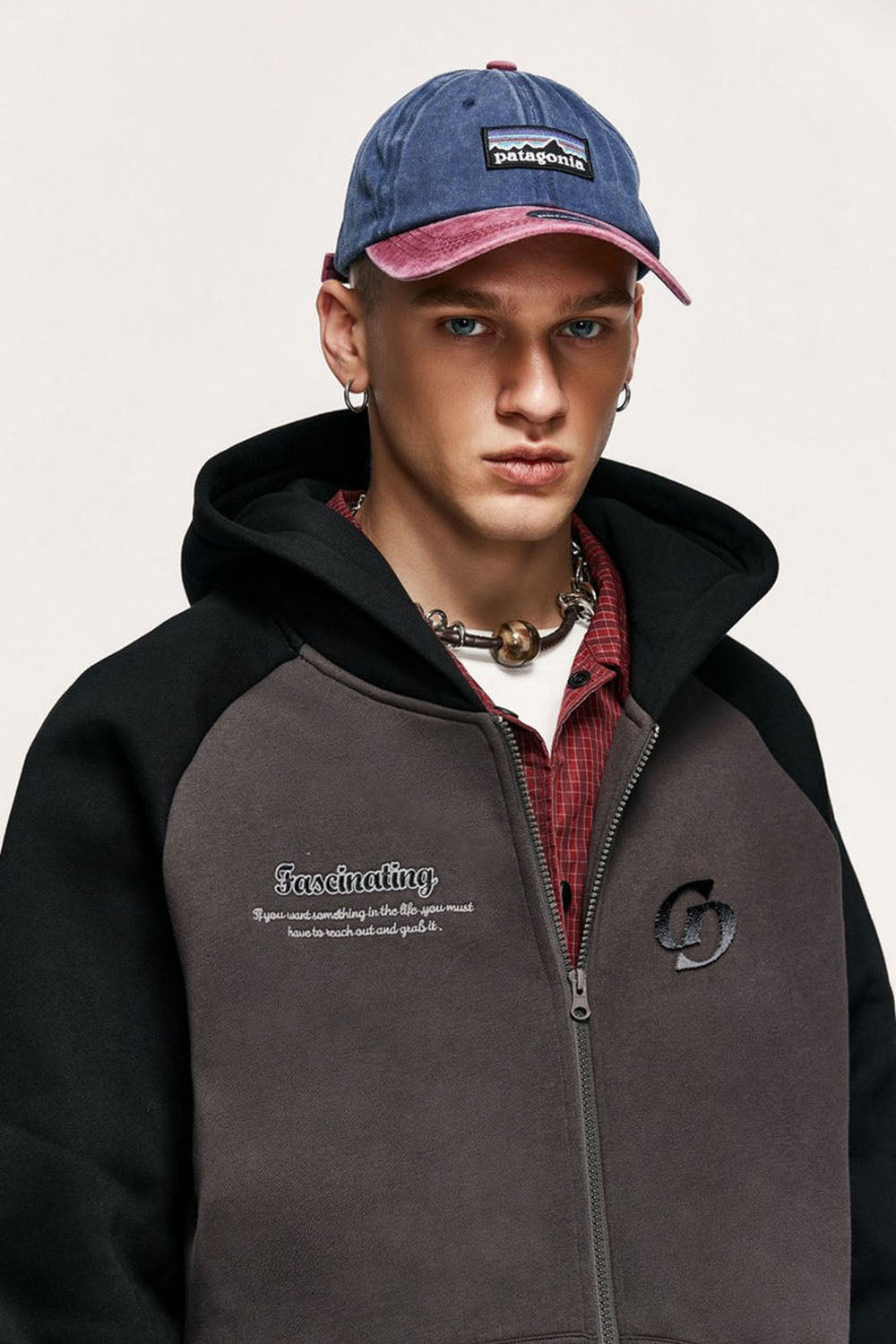 Embroidered Color-Block Drop Shoulder Hooded Zip-Up Sweatshirt Jacket